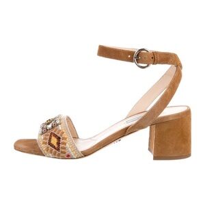 PRADA
Embellished Embroidered Block-Heel Leather Sandals